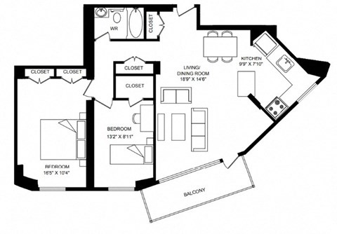 Floor plan for 2 beds, 1 bath, 921 sqft